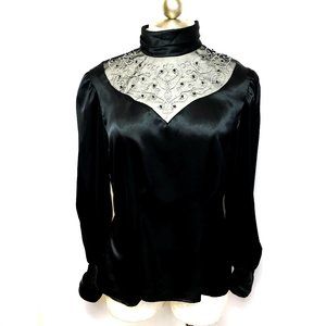 * Victorian Goth Style 90’s Vtg Silky Black Blouse Dividends Small EUC
